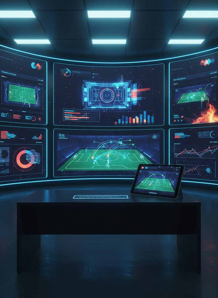 A high-tech control room dedicated to sports performance analysis, illustrated in polished digital art. Multiple ultra-wide, frameless screens form a curved wall, each displaying stylized fields, abstract player icons, and colorful performance metrics without any readable text. In the foreground, a minimalist matte-black desk holds a slim keyboard and a tablet showing a synchronized replay view with overlaid trajectories. Cool, diffused overhead lighting mixes with the soft glow of the screens, casting subtle reflections on the metallic floor. Captured from an eye-level perspective using the rule of thirds, the space feels organized, focused, and highly professional, conveying the precision and sophistication of a sports analytics SaaS tool.