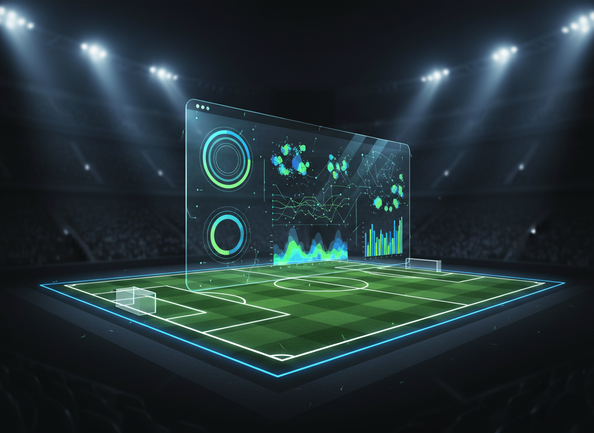 A sleek, futuristic sports analytics dashboard rendered in high-detail digital art, floating above a stylized full-size pitch marked with luminous lines. The dashboard shows abstract, non-readable charts, heatmaps, and player movement trails glowing in electric blues and greens against a deep charcoal background. The environment is a darkened arena suggested only by blurred stadium seating and soft spotlights in the distance. Cool, directional lighting from above creates crisp reflections on the glass-like interface. Shot from a slightly elevated angle with a wide lens, emphasizing depth and scale. The mood is professional, cutting-edge, and data-driven, perfectly suited for a modern SaaS sports performance platform.
