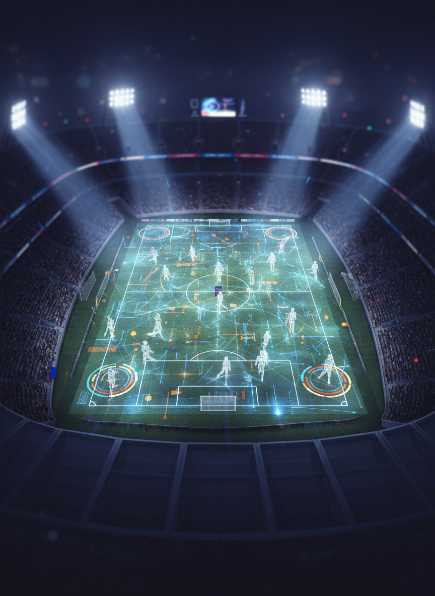 A dramatic digital-art scene of a floodlit stadium at night, viewed from high above the center line, where the pitch transforms into a semi-transparent layer revealing an intricate network of glowing data lines and nodes beneath the surface. Stylized, non-human player silhouettes made of light leave behind faint motion trails, while circular zones and arrows hover over key areas, simulating tactical analysis. The stadium seats are softly blurred, with subtle hints of scoreboards and LED panels, but no readable text. Strong, cinematic lighting from stadium floodlights creates sharp contrasts and long shadows. The composition uses a wide, panoramic frame, evoking a sense of scale, innovation, and the power of video-driven sports insights.